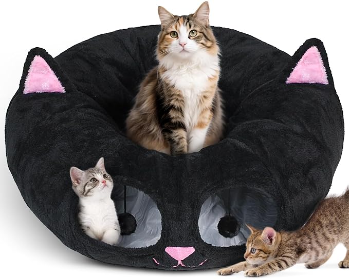 Baseola Fuzzy Cat Tunnel Bed for Indoor Cats, 2-in-1 Interactive Cat Toys | Peekaboo Cat Cave with Washable Mat, Collapsible Cat Play Tunnel for Kittens & Small Pets, Cat Donut Bed Tunnel, Black Pink