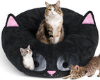 Baseola Fuzzy Cat Tunnel Bed for Indoor Cats, 2-in-1 Interactive Cat Toys | Peekaboo Cat Cave with Washable Mat, Collapsible Cat Play Tunnel for Kittens & Small Pets, Cat Donut Bed Tunnel, Black Pink