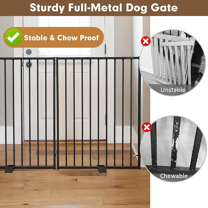 Full Metal Freestanding Dog Gates 2 Panels 32" Tall Up to 48" Wide | Heavy Duty Dog Fence for Indoor & Outdoor, Free Standing Dog Gate No Drilling Pet Barrier for Doorways, Stairs, Deck,Yard
