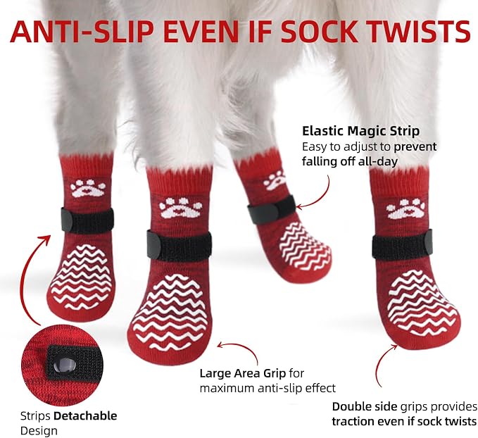 PUPTECK Anti Slip Dog Socks with Double Grippers for Hardwood Floors, Shoes for Hot/Cold Pavement, Boots & Paws Protectors to Prevent Licking, Traction Booties for Senior Small Large Dogs