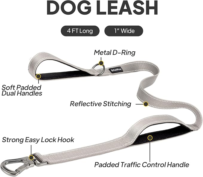 PetiFine 4FT Heavy Duty Dog Leash with Soft Padded Double Handle | Traffic Handle Extra Control,Auto Lock Hook,Reflective Nylon Walking Lead for Large,Medium,Small Breed Dogs