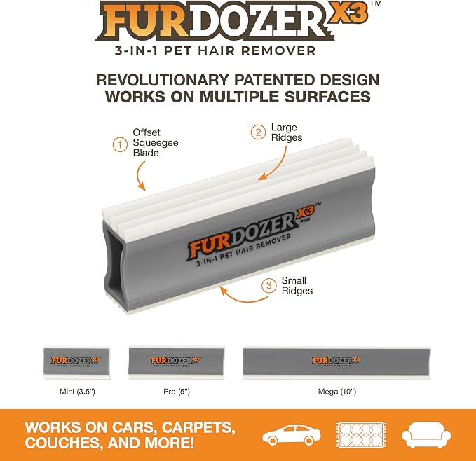 FurDozer Pet Hair Remover & Auto Detailing Tools - Cat & Dog Hair Remover for Carpets, Car Interiors, Couches, Bedding, & Pet Furniture (Gray, (3 Pack) - X6, X3 PRO, X3 MINI)
