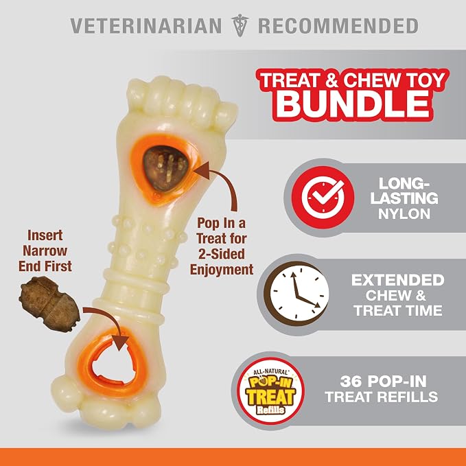 Nylabone Power Chew Knuckle Bone & Pop-in Dog Treat Toy & 30 Treat Refills | Medium breeds, chicken flavor, all-natural treats, dog enrichment, interactive dog toys to keep them busy, dogs up to 35 lbs