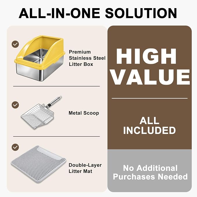 AIPERRO Stainless Steel Litter Box | XL Enclosed Cat Litter Boxes with Lid for Big Cats | High Sided, Anti-Urine Leakage | Non-Stick Bottom & Includes Litter Mat & Metal Scoop (Mustard Yellow)