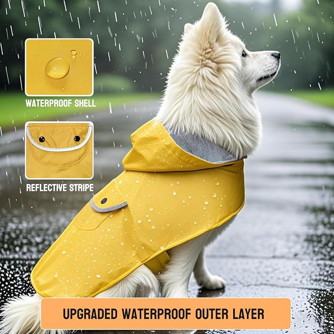 Dog Raincoat Dogs Rain Jacket Reflective Waterproof Pet Clothes Lined Poncho Rainwear Pocket Hooded Leash Hole Adjustable for Small Medium Dogs Puppy,Yellow,L,Back Length 12.8 Inch