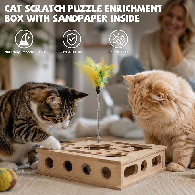 Cat Nail File Enrichment Box Scratch Puzzle Toy with Slot Lock Screws | 11.8in Solid Wood Cat Scratcher with 180-Grit Sandpaper Slot Lock 8 Screws Bell Balls Feather Teaser Indoor Claw Care Toy