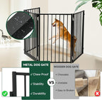 Snagle Paw Metal Freestanding Dog Gate with Door, 80” W x 24” H Dog Fence with Support Feet for Doorways, Stairs and Hallways, Portable Pet Gate for Indoor Use (4 Panel, Black)