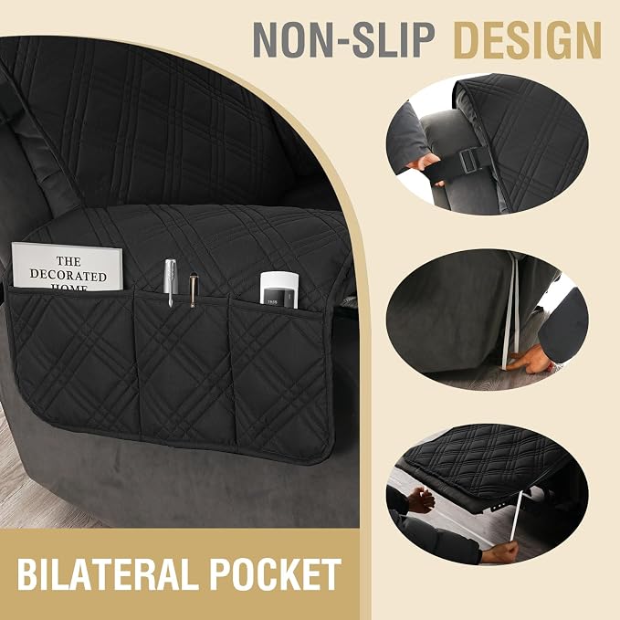 H.VERSAILTEX 100% Waterproof Slip Covers for Recliners with Arms 1-Piece Reversible Recliner Covers for Large Recliner with Elastic Straps Sitting Width Up to 28" (Oversized Recliner, Black/Beige)