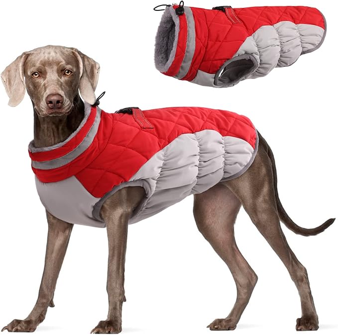 FUAMEY Dog Coat for Large Dogs, Fleece Dog Winter Jacket with Harness | Puppy Cold Weather Coats Reflective Pet Puffer Vest with Zipper Water-Resistant Warm Dogs Snowsuit Windproof Red XL