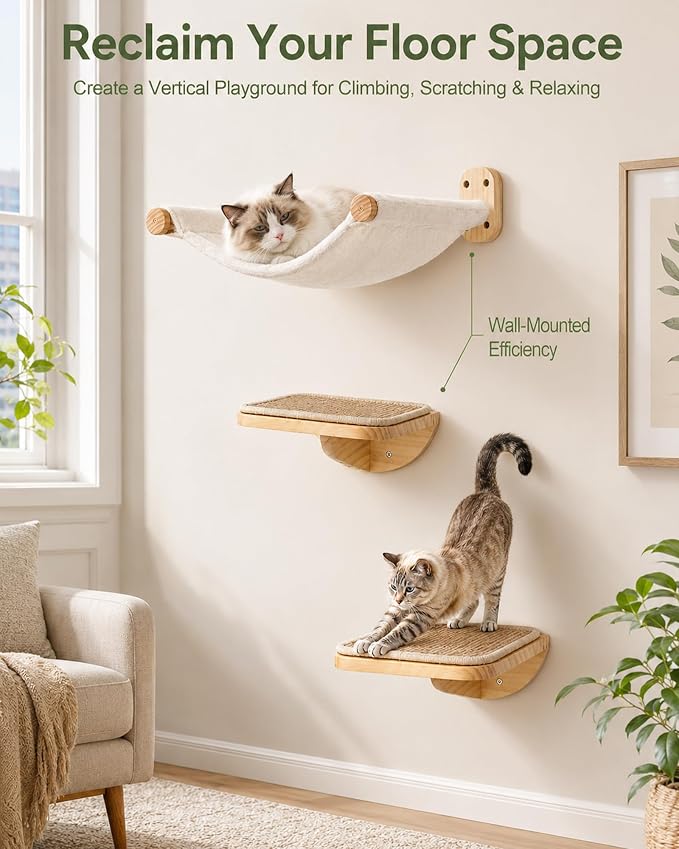 Cat Wall Shelves Set with Hammock and 2 Solid Wood Sisal Steps | 3-piece cat wall set includes 1 reversible canvas-plush hammock and 2 solid wood steps with removable sisal mats