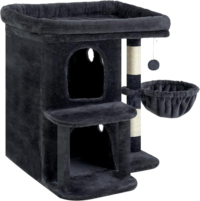 Heybly 26.3" Cat Tree for Large Cats with Big Perch & Dual Condos HCT204SG | 26.3-inch Spacious Cat Tower with Scratching Posts, Stair-Style Cat House Furniture with Cozy Basket & Pompom, Smoky Gray
