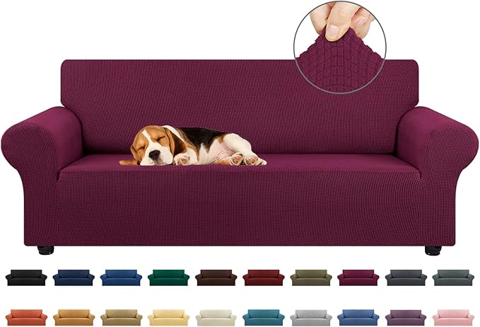 Stretch Couch Covers for Sofa, 3 Cushion Couch Slipcover,Wine | 1-Piece Washable Sofa Cover Pet Friendly(78"-94") Furniture Protector Soft Jacquard, Elastic Bottom for Dogs & Kids