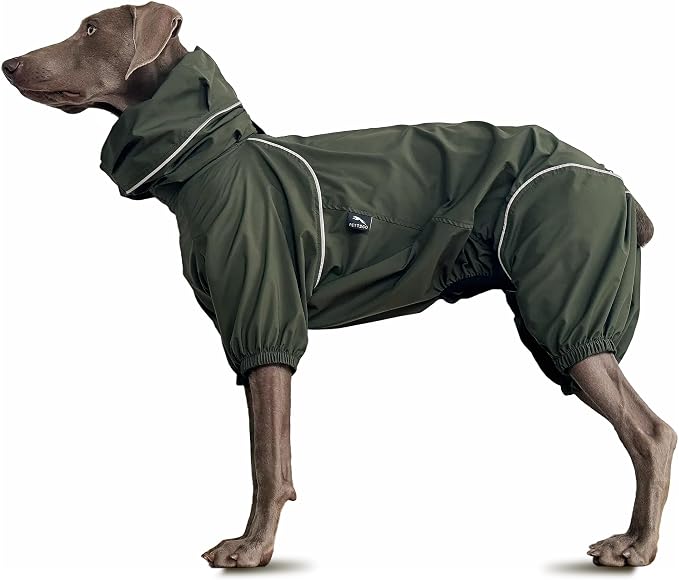 Dog Lightweight Windbreaker, Dog Outdoor 4-Legs Jacket, 0.5 lbs,Durable Water Repellent, Hooded, Easy on/Off with Collar and Harness, Reflective, Packable,Dark Olive -Large (Male)