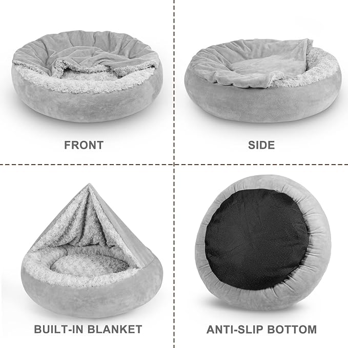 JOEJOY Small Dog Bed Cat Bed with Hooded Blanket, Cozy Cuddler Luxury Puppy Pet Bed, Donut Round Calming Anti-Anxiety Dog Burrow Cave Bed - Anti-Slip Bottom and Machine Washable 23 inch