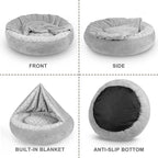 JOEJOY Small Dog Bed Cat Bed with Hooded Blanket, Cozy Cuddler Luxury Puppy Pet Bed, Donut Round Calming Anti-Anxiety Dog Burrow Cave Bed - Anti-Slip Bottom and Machine Washable 23 inch