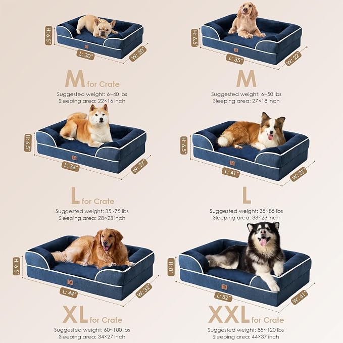 EHEYCIGA Orthopedic Dog Beds Large Sized Dog, Waterproof Washable Pet Bed | Non-Slip Bottom and Egg-Crate Memory Foam XL Dog Couch Bed with Washable Removable Cover, Navy