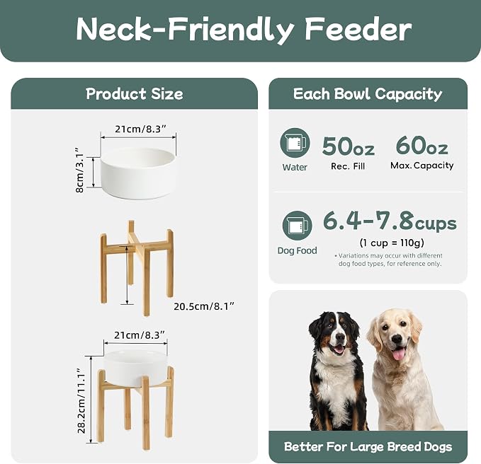 Havniva Dog Bowls Elevated, Ceramic Dog Food and Water Bowl | 8.3” Raised Dog Food Bowl, Elevated Dog Bowls with Bamboo Stand, Non-Slip Dog Water Bowl for Large Dog, Large Capacity