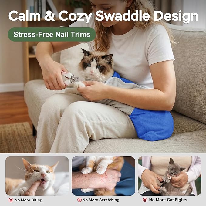 Cat Wrap for Cutting Nails, Self-Adhesive Cat Nail Clipping Restraint Bag, Anti-Scratch Cat Grooming Wrap Swaddle for Meds, SubQ Fluids, Ear Cleaning, Teeth Brushing & Vet Visits,Blue,L