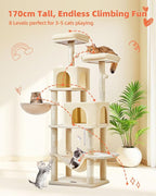 Taoqimiao Cat Tree, 66.2 in Tall Cat Tower with 2 Plush Cat Condos | 7 Scratching Posts, 2 Top Perches, Cozy Hammock & Basket, Indoor Cats, 2 Pompoms & Mouse Toy, Beige, MS013M