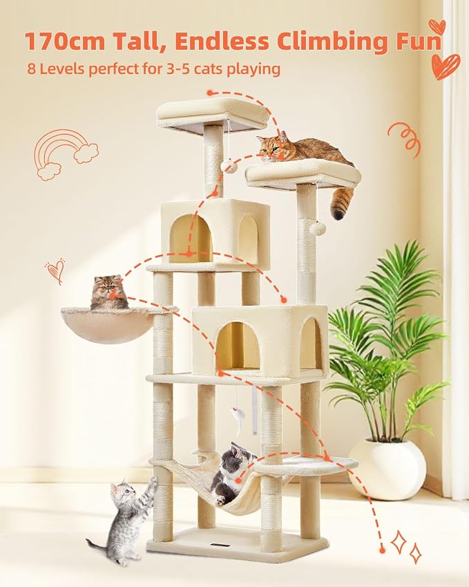 Taoqimiao Cat Tree, 66.2 in Tall Cat Tower with 2 Plush Cat Condos | 7 Scratching Posts, 2 Top Perches, Cozy Hammock & Basket, Indoor Cats, 2 Pompoms & Mouse Toy, Beige, MS013M