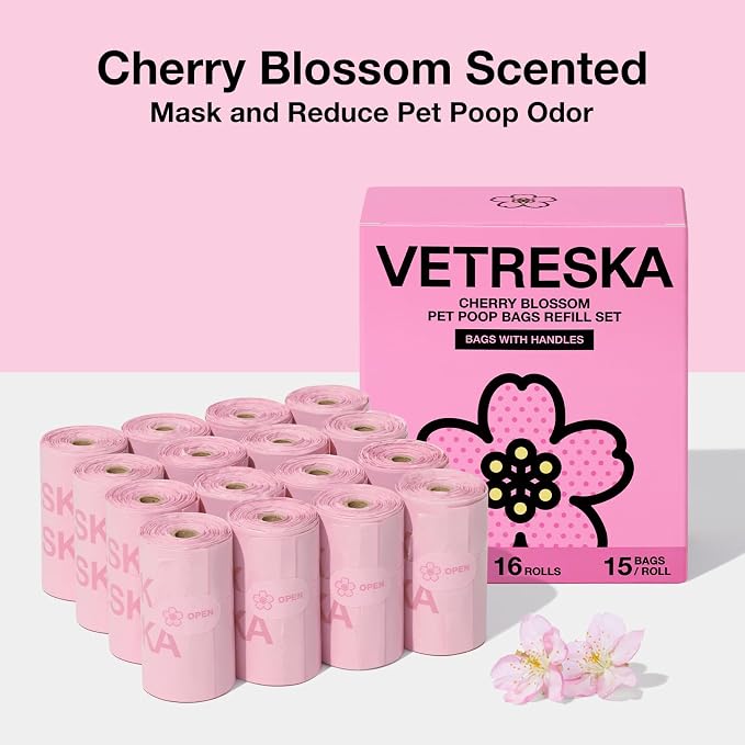 VETRESKA Dog Poop Bags with Handles 240 Count, Floral Scented Waste Bags | Leak-Proof Thick Dog Bags for Poop, Easy-Tie Large Poop Bags, 16 Refill Rolls for Dog Walking Cat Litter