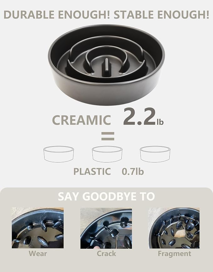 Ceramic Slow Feeder Dog Bowls, 2.0 Cups Slow Feeder for Medium Dogs, Puzzle Maze Bowl to Slow Down Eating, 30oz, 8in, Black