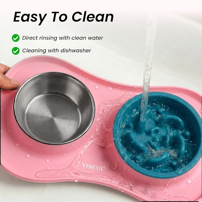 YINEYA 3 in 1 Slow Feeder Dog Bowls,Dog Water Bowl,Cat and Dog Food Bowl | Stainless Steel Dog Bowls with Non-Spill Dog Bowl Mat, Anti-Choking Puppy Bowls, Easy Clean for Large Medium Small Dogs Cats