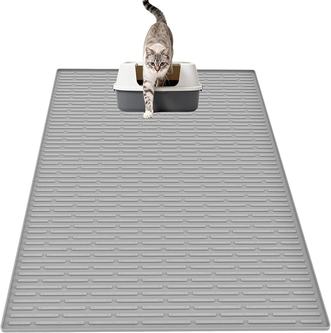 XXL Silicone Cat Litter Mat, 40"x30"(100cmx75cm) Extra Litter Box Mat for Floors, Non-Slip Litter Trapping Mat to Prevent Tracking, Easy to Clean Kitty Litter Catcher Mat, Durable, Gray White