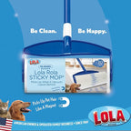 LOLA Rola PET Hair Remover Sticky Mop, Giant Floor Lint Roller, 9.5" x 3.5", Extender Handle, Largest Head, Traps Hair, Dust, Dirt, Extra Sticky Sheets