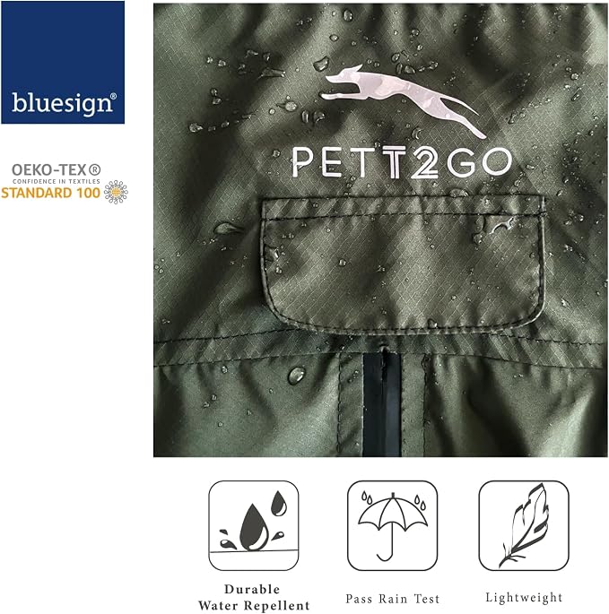 Dog Lightweight Windbreaker, Dog Outdoor 4-Legs Jacket, 0.5 lbs,Durable Water Repellent, Hooded, Easy on/Off with Collar and Harness, Reflective, Packable,Dark Olive -Large (Male)