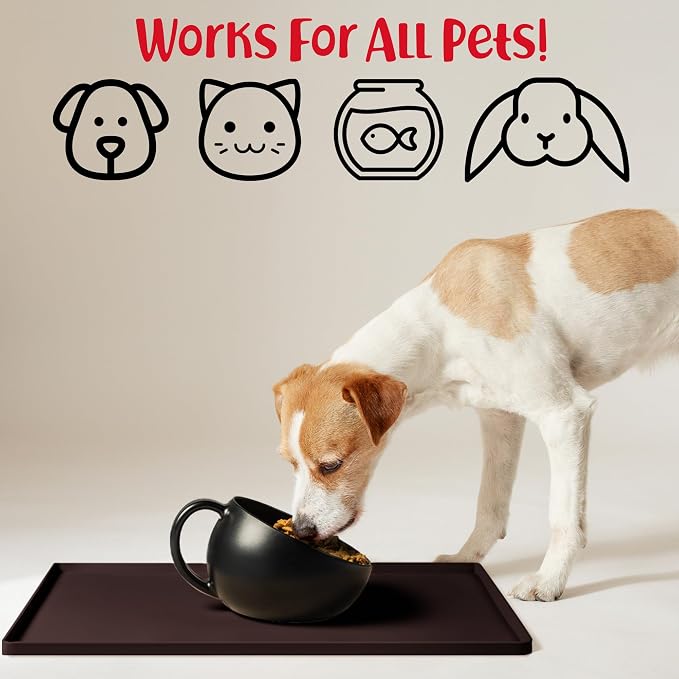 DogBuddy Dog Food Mat – Waterproof Dog Bowl Mat for Food and Water, Silicone Pet Feeding Mats for Floors, Non-Slip Placemat with High Edges for Dogs Bowls, Puppy Essentials (L: 24" x 16", Coffee)