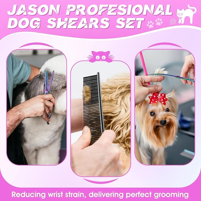 JASON Dog Grooming Scissors Set - Professional 6 in 1 Shears Kit Sharp | 6.5" Thinning, 7" Straight, 7" Up-Curved, 7" Down-Curved Shears & Comb for Cat Pet