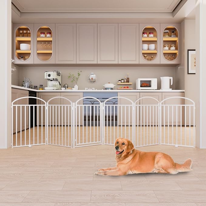 SNUOWU 6 Panels Full Matel Freestanding Dog Gates with Door, 144"Extra Wide 32"Tall Free Standing Dog Pet Gate for Indoor & Outdoor. Foldable Pet Fences for Doorways, House, Stairs, Porch, Deck, Yard