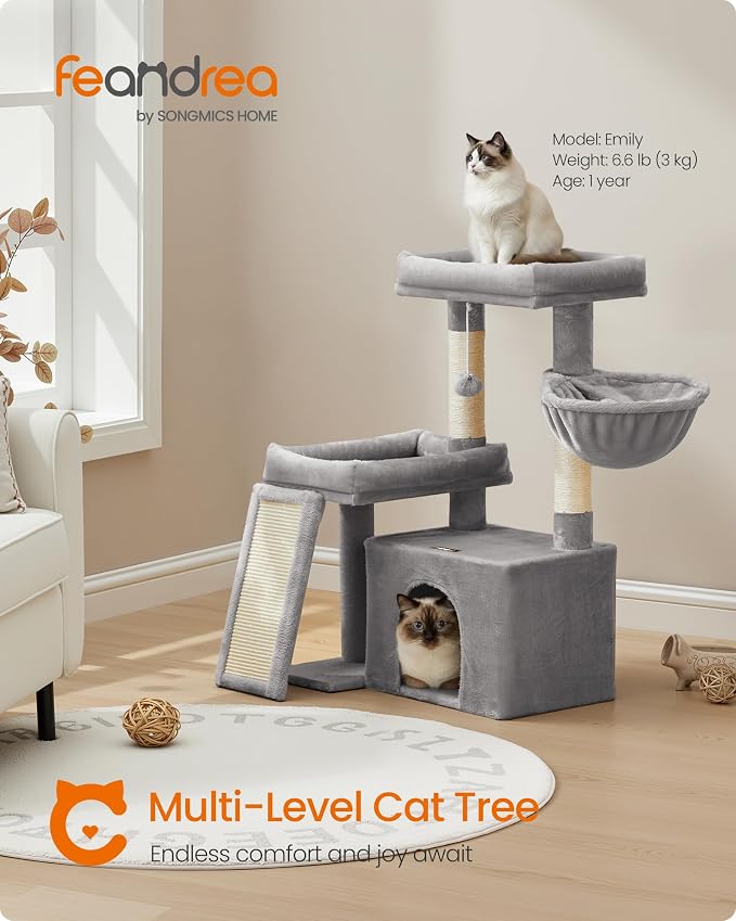 Feandrea Cat Tree, Cat Tower Condo Scratching Posts and Ramp, Dove Gray | 2 Large Perches, Cave, Basket, 33.8 Inches Tall, A Little Ball Dove Gray