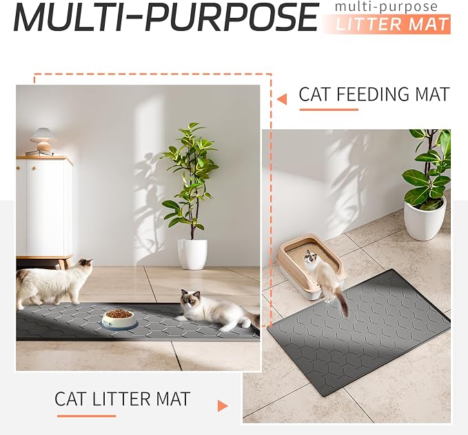 Bulkniu Silicone Cat Litter Mat, 24"x16", Raised Edge Waterproof, Dark Grey | Litter Trapping & Recycling, Easy to Clean, Non-Slip, Durable Safe & Odorless, Paw Friendly