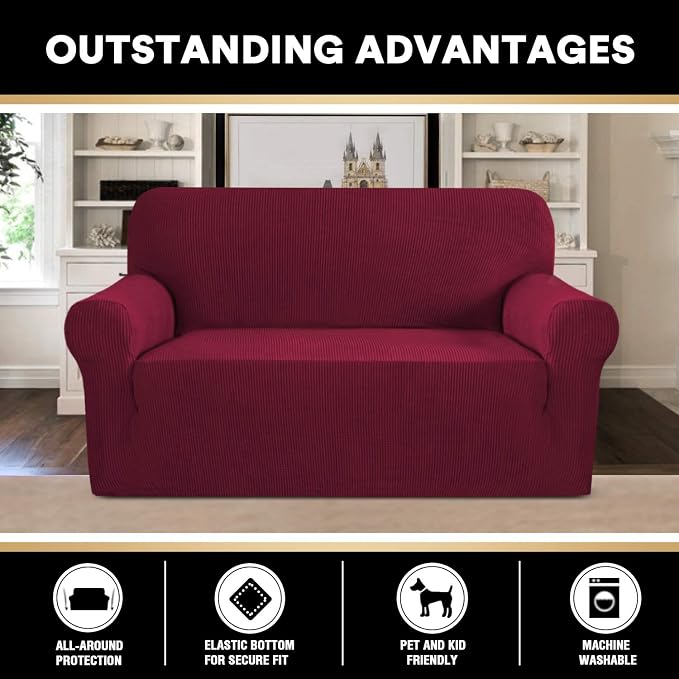 Stretch Loveseat Sofa Cover Slipcover Couch Cover for 2 Cushion Sofa Washable Sofa Cover for Pets Friendly Furniture Protector Covers with Non Slip Bottom(Loveseat, Burgundy Red)