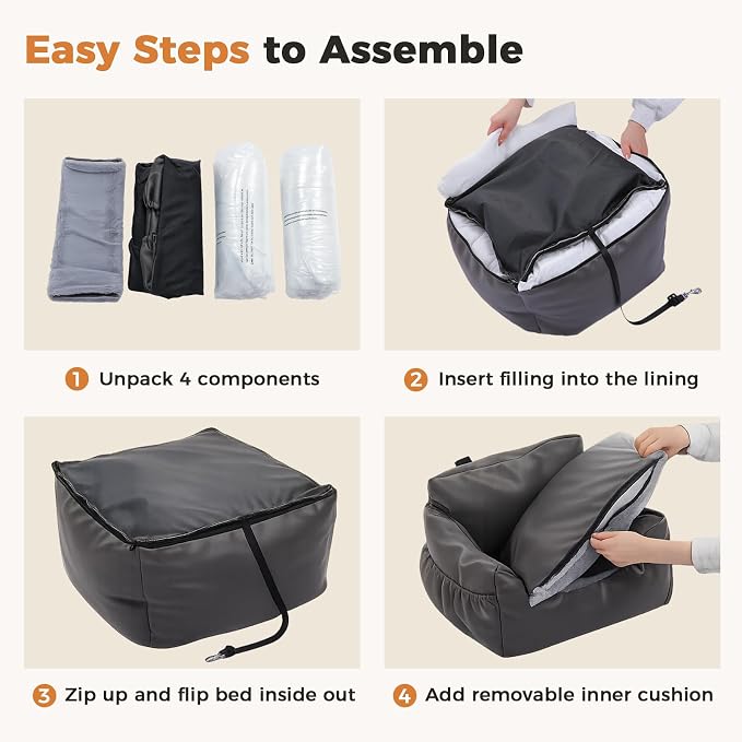 PAWZ Road Dog Car Seat for Small Medium Dogs, Waterproof Booster Bed | Dog booster car seat with dual safety belts, side storage pocket, waterproof leather, soft PP cotton for travel and home