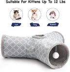 Tempcore Cat Tunnel for Indoor Cats Fleece-Lined in for Warmth, 3 Way Collapsible Pet Play Tunnel with Teaser Wand, Peek Holes & Hanging Ball, Interactive Tube for Kittens & Rabbits, Geometry Grey