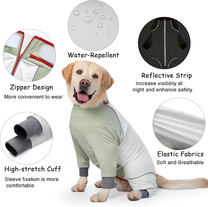 Dog Onesie Coat - Water-Repellent & Stretchable, Dirt-Resistant Outdoor Puppy Suit with Reflective Strips | Controls Shedding | for Small, Medium, Large Dogs (Beige, XL(Weight 13-22 lbs))