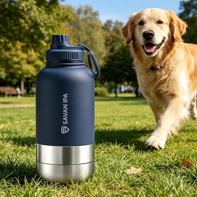 3 in 1 Insulated Stainless Steel Dog & Human Water Bottle | Leakproof Travel Dispenser with 2 Detachable 8.5 oz Bowl, 24H Cold/12H Hot, Carrying Case for Walking, Hiking,Camping & Outdoor Travel