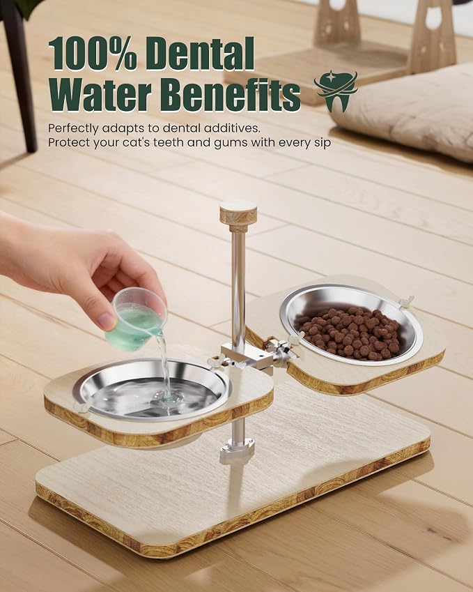 Elevated Cat Bowls with Wood Stand Adjustable Tilt (2 Cups/Bowl) | FSC Certified E0 Grade Frame,Whisker Fatigue Comfort,Dishwasher Safe Stainless Inserts,Non-slip Pads