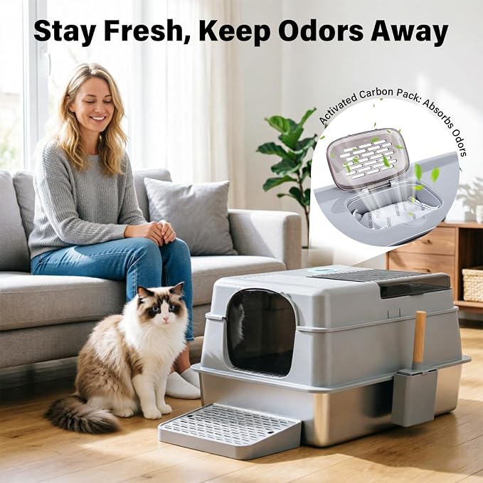 Stainless Steel Litter Box,XXXL Metal Litter Box with Lid | Extra Large Enclosed Litter Boxes for Big Cat, Anti-Urine Leakage,Easy Cleaning, No Smell, Includes Scooper and Mat