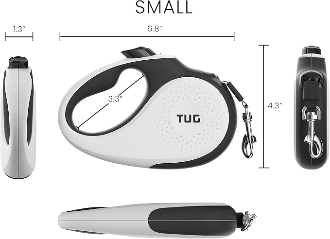 TUG 360° Tangle-Free Retractable Dog Leash with Anti-Slip Handle | 16 ft Strong Nylon Tape | One-Handed Brake, Pause, Lock (Small, White)