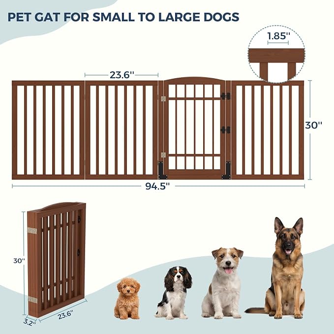 Homykic Dog Gate Indoor, 94.5" W x 30" H Extra Wide Foldable Bamboo Pet Gate with Door, No Assembly Freestanding Dog Fence with 2 Support Feet & 360°Hinges for Doorways Hallways (Walnut, 4 Panels)