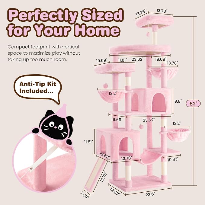 SHA CERLIN 82 inch Cat Tree Tower, Multi-Level Cat Condo with Plush Perches, Sisal Scratching Posts, Hammock and Toys, Stable Cat Tower for Kittens and Adult Cats, Pink