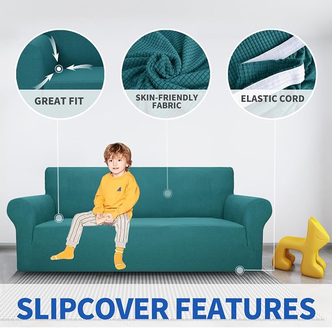 MAXIJIN Super Stretch Couch Cover for 3 Cushion Couch, 1-Piece Universal Sofa Covers Living Room Jacquard Spandex Furniture Protector Dogs Pet Friendly Fitted (Large, Peacock Teal)