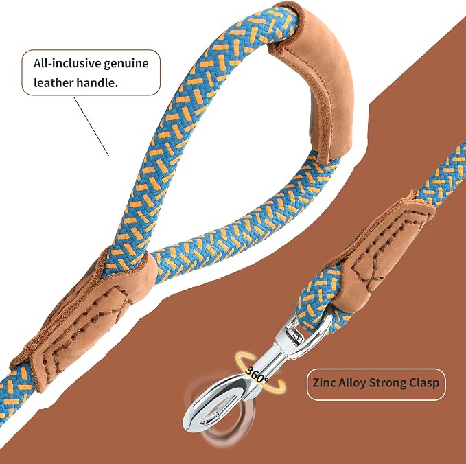 Mile High Life Dog Leash with Genuine Leather Handle, 6 FT/5 FT/4 FT | Leather Grip Rope Leash, Heavy Duty 360° Swivel Metal Clasp, for Small Medium & Large Dogs
