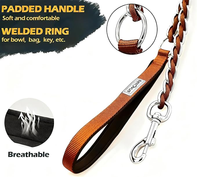 S-ETOVUS-Chain Dog Leash, Bite-Proof Metal Leash, with Padded Handle | Three Sizes 7.25FT/5.2FT/4FT, Woven From Nylon Rope And Chain, Durable And Bite-Resistant, Comfortable With Padded Handles