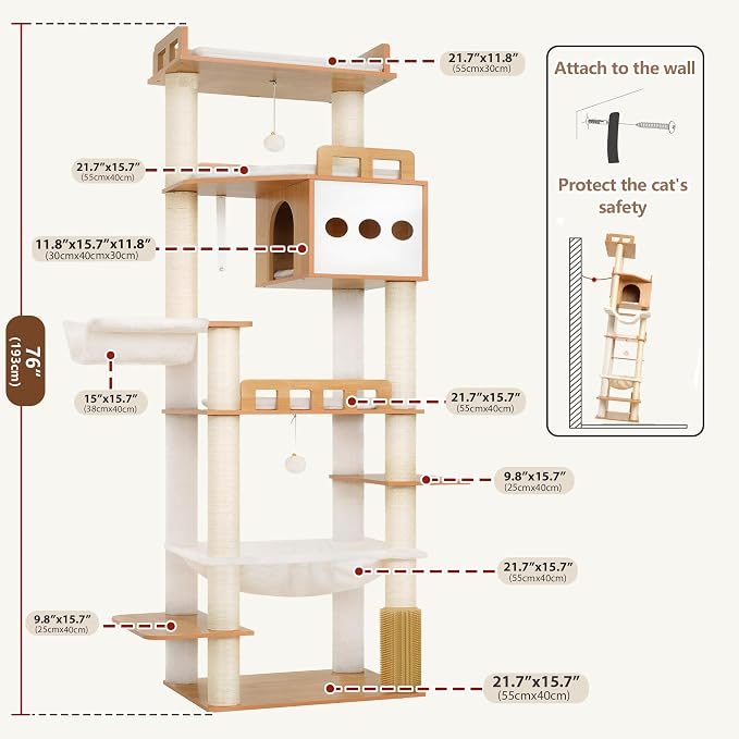 Gitelsnour Modern Cat Tree, 76'' Tall Cat Tower - 3 Big Platform GCT103WB