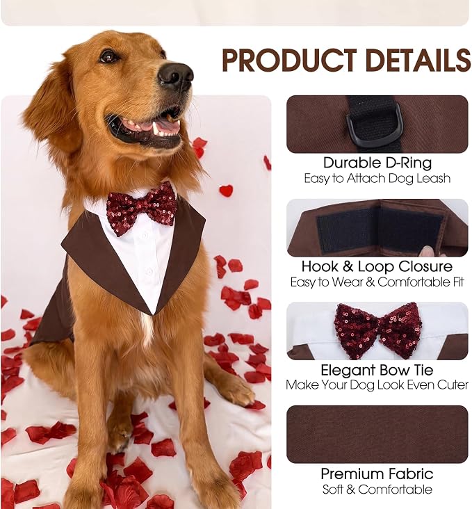 Kuoser Dog Tuxedo, Dog Suit and Bandana Set, Dogs Costume with D-Ring | Formal Dog Outfit with Detachable Bowtie Collar for Wedding, Birthday, Party, Christmas, Halloween, Brown L